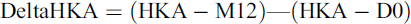 Mathematical equation: $$ \mathrm{DeltaHKA}=\left(\mathrm{HKA}-\mathrm{M}12\right)\hbox{---} \left(\mathrm{HKA}-\mathrm{D}0\right) $$